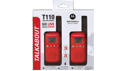 2 red t110 walkie talkies in packaging