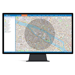 Computer monitor displaying a map interface.