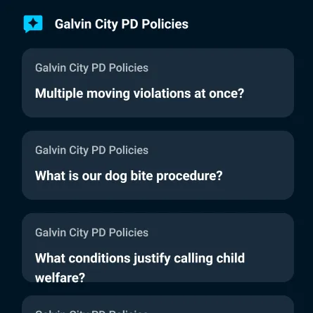 A policy query in Assist Chat. The user is querying the agency’s policies, and is being offered options such as What is our dog bite procedure? and What conditions justify calling child welfare?
