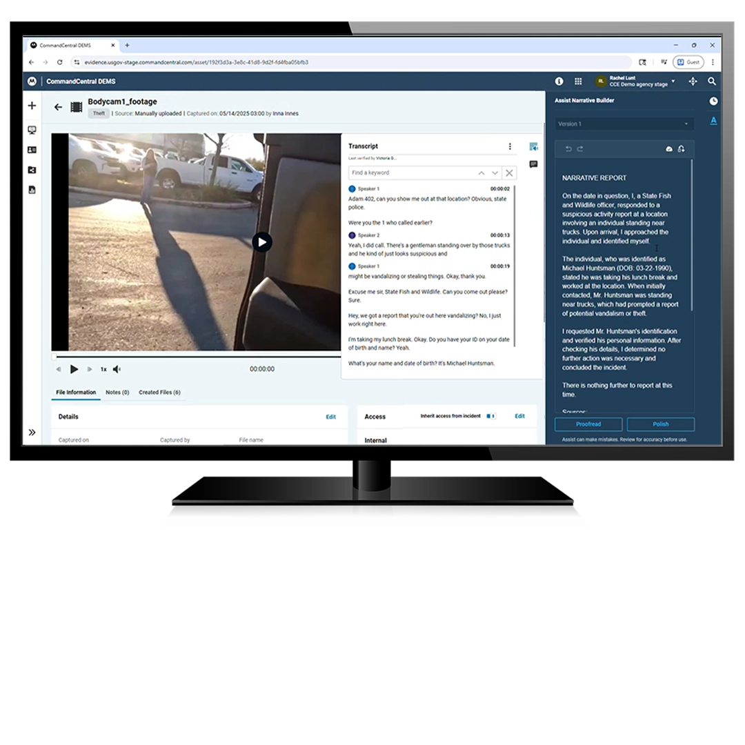 A screen capture of a "CommandCentral DEMS" software interface. The screen shows a video titled "Bodycam1_footage" of a parking lot, an adjacent text transcript of a conversation between an officer and a citizen, and a side panel titled "Assist Narrative Builder" containing a draft police report.