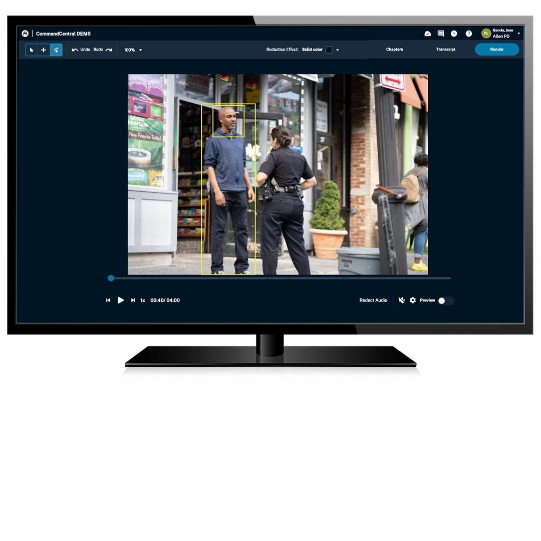 A computer monitor displaying the "CommandCentral DEMS" software, showing a video of a police officer interacting with a citizen. The software features automated redaction capabilities, allowing for "Solid color" or blur effects to be applied to people or objects before the video is rendered for public release.