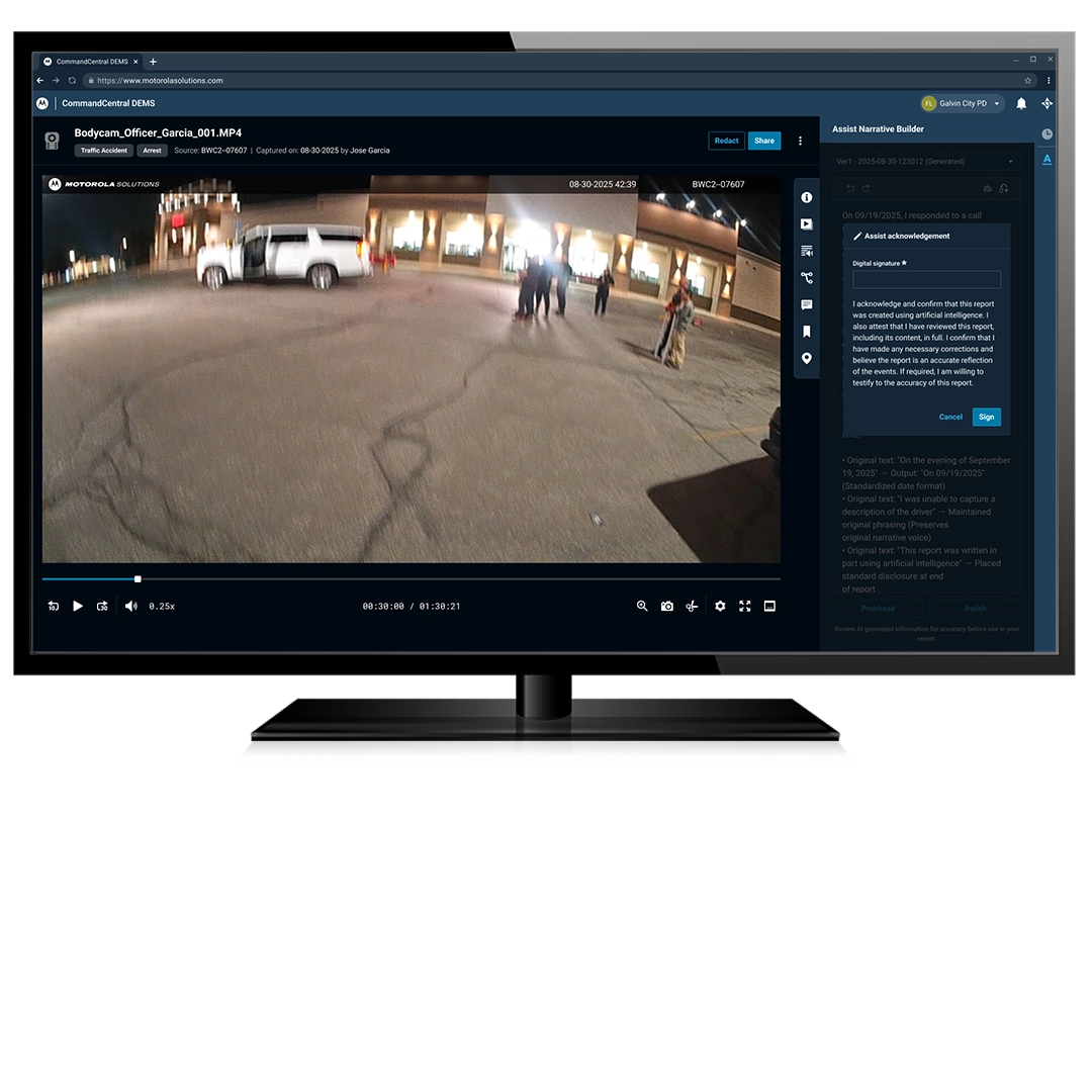 A computer monitor displaying the "CommandCentral DEMS" web interface. The screen shows a video player reviewing bodycam footage which depicts a nighttime scene in a parking lot with a white SUV and several people. To the right of the video is a sidebar titled "Assist Narrative Builder," showing an AI-generated report draft and a digital signature acknowledgement box.