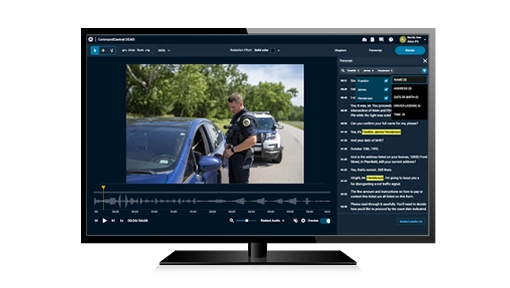 A computer monitor displaying the CommandCentral DEMS software during a redaction workflow.