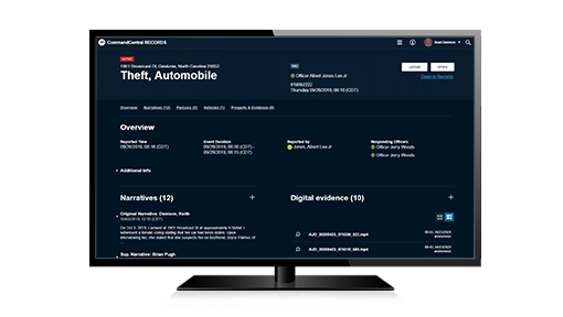 A monitor displays the "CommandCentral RECORDS" dashboard for a case titled "Theft, Automobile."