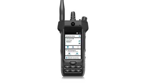 A studio shot of an APX N70 radio featuring a touchscreen and a physical keypad with programmable buttons at the bottom.