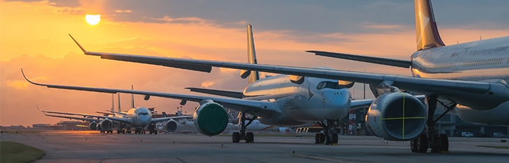 An airport at sunset