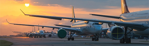 An airport at sunset