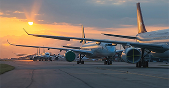 An airport at sunset