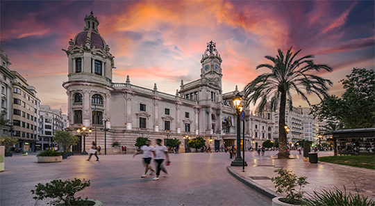 Plaza del Ayuntamiento at sunset, Valencia, Apain