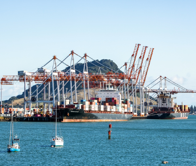 Cargo ships docked into Tauranga Harbour Port waiting for the adjacent container cranes to load.
