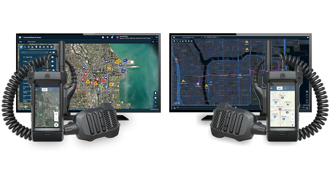 Software on desktop screens with radios in front of them