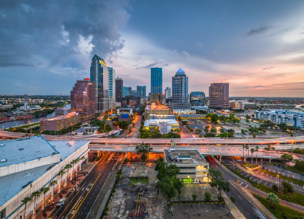 Aerial view of Tampa, Florida at sunset