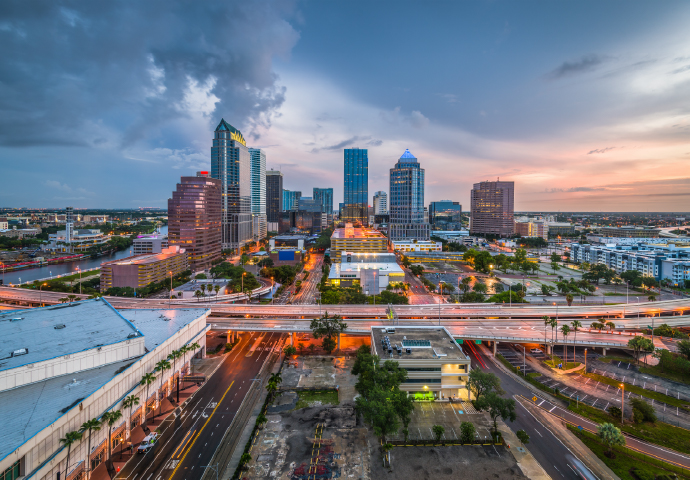Aerial view of Tampa, Florida at sunset