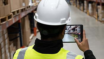 Person using a tablet in a warehouse