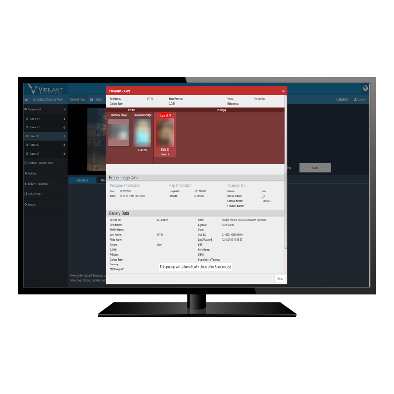 Vigilant FaceAlert alert screen