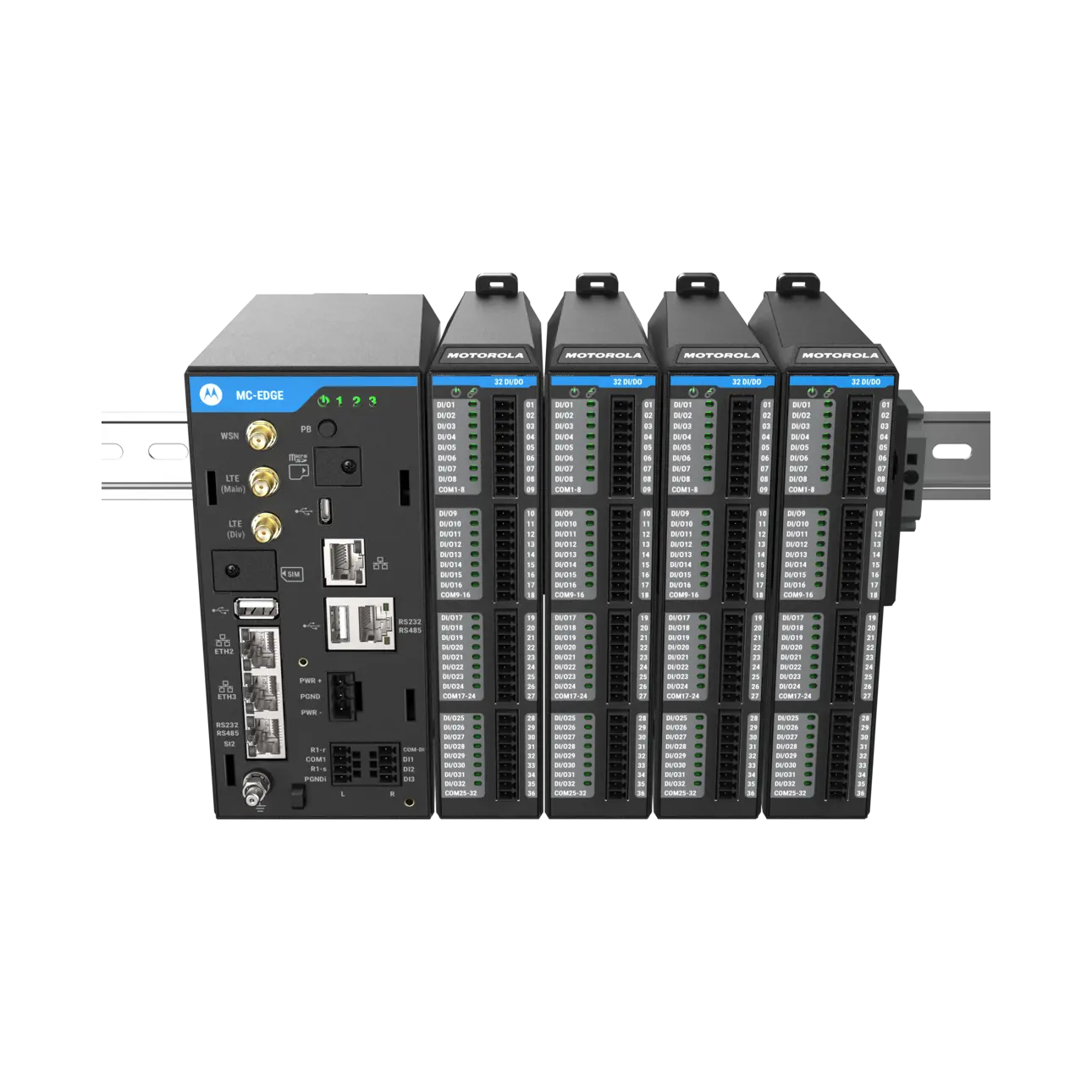 Image of the MC-Edge CPU with built-in LoraWan, LTE, three Ethernet ports and four attached SPE  I/O modules  installed on one backplane, elevated view