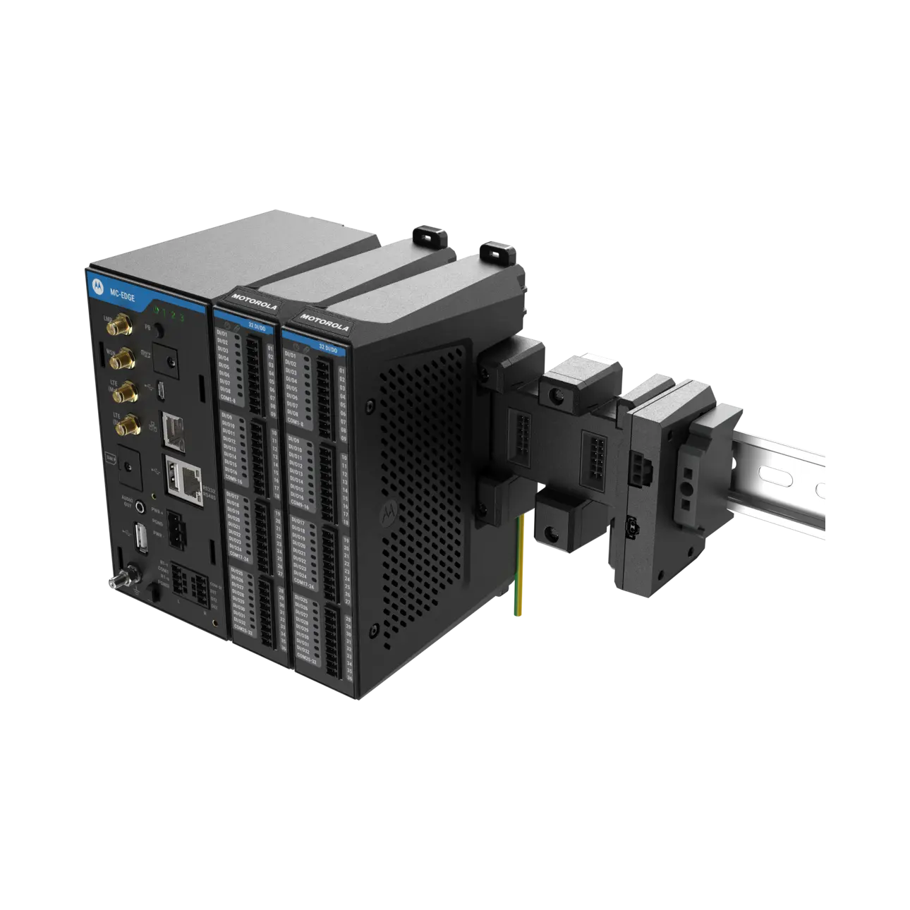Image of the MC-Edge CPU with two attached SPE  I/O modules and two unoccupied backplane slots, right elevated view