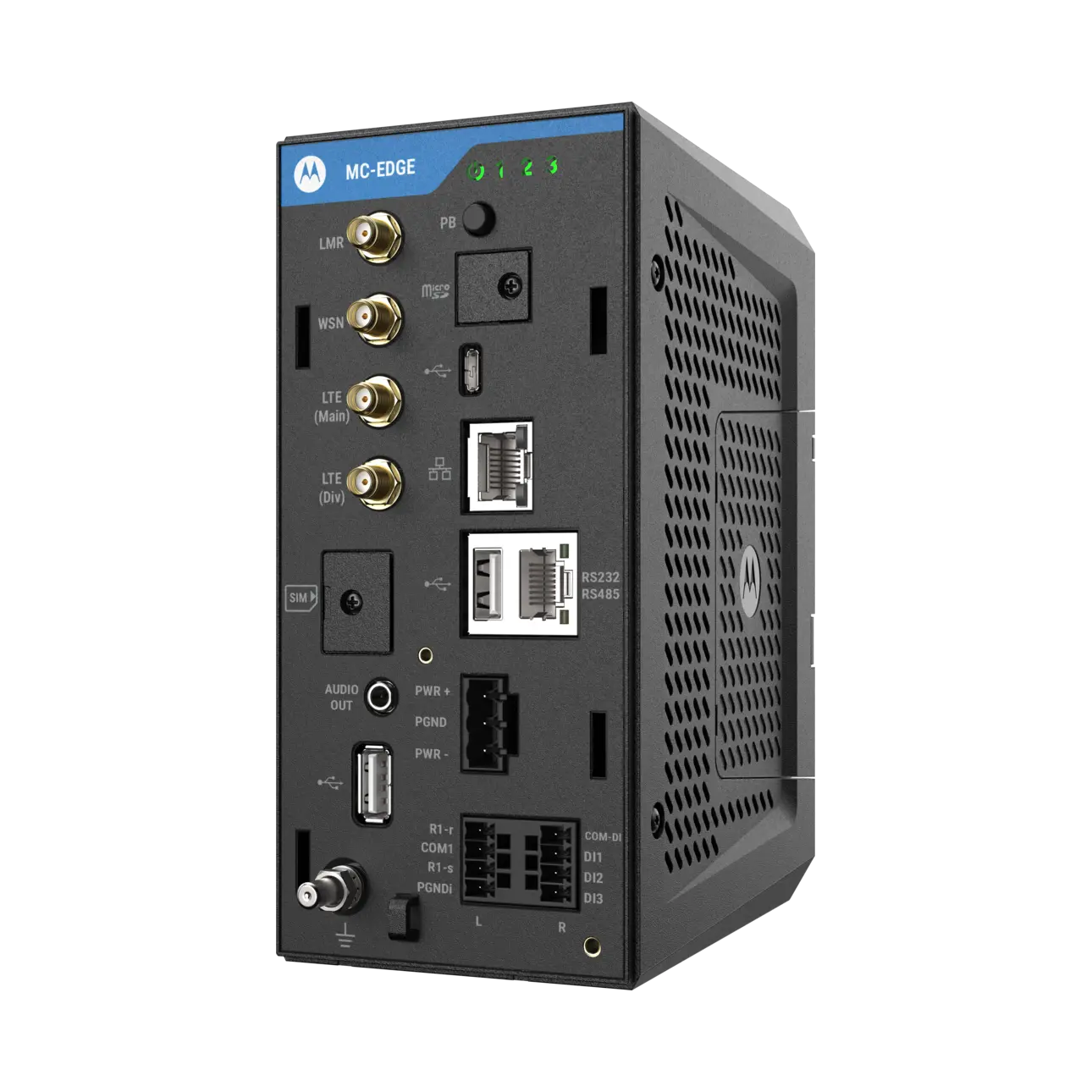 Image of the MC-Edge CPU with built-in LoraWan, LTE, APX4000 and three Ethernet ports, slight right view