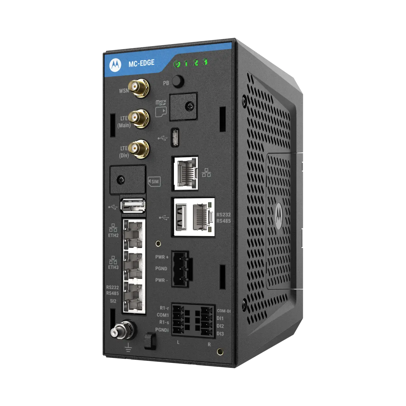 Image of the MC-Edge CPU with built-in LoraWan, LTE, and three Ethernet ports, slight right view
