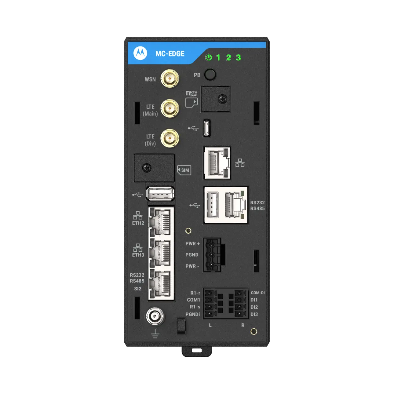 Image of the MC-Edge CPU with built-in LoraWan, LTE, and three Ethernet ports, slight right view