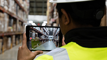 Man using a tablet to communicate in a warehouse