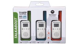 green, blue and red T110 walkie talkies in packaging