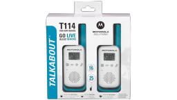 2 light blue T114 walkie talkies in packaging