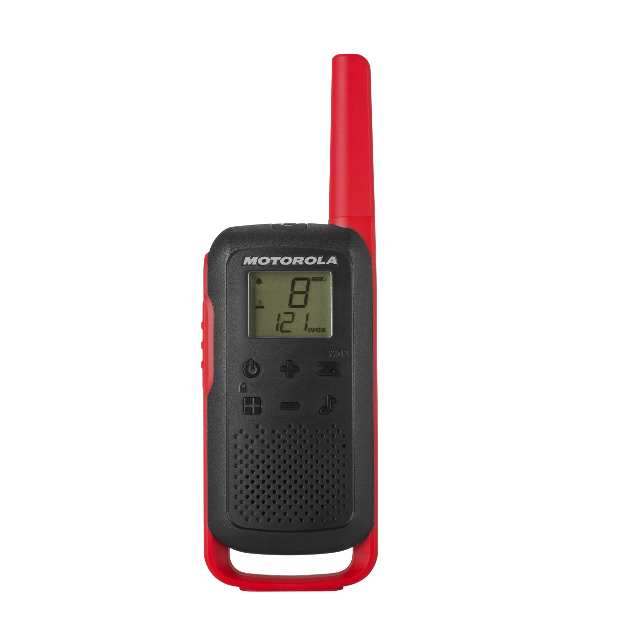 T210 red walkie talkie front angle screen on