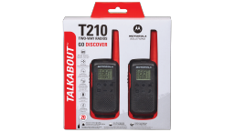 2 red T210 walkie talkies in packaging