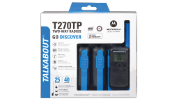 2 blue T270 walkie talkies in packaging