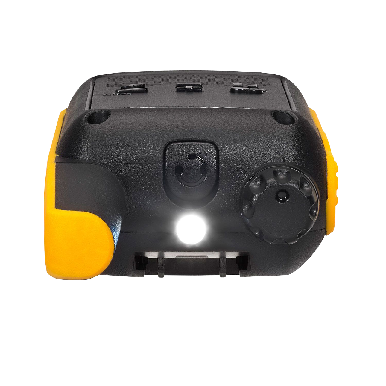 yellow walkie talkie top with flashlight on