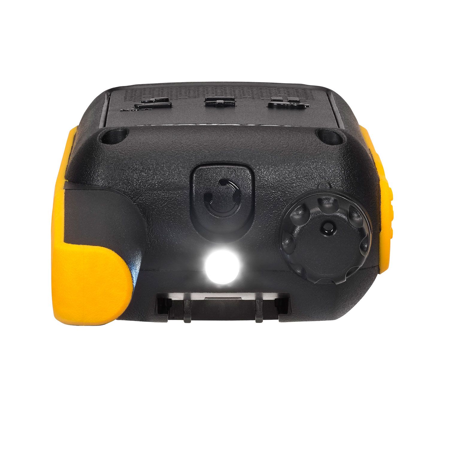 yellow walkie talkie top with flashlight on