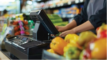 Grocery checkout counter with produce