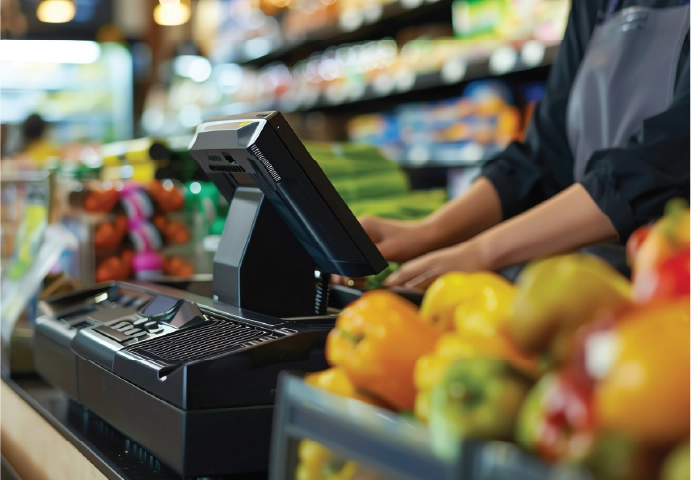 Grocery checkout counter with produce