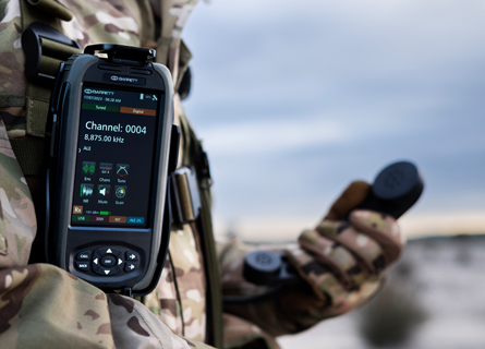 Barrett 4050 control handset attached to military uniform
