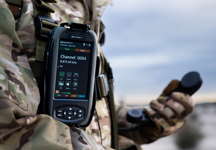 Barrett 4050 control handset attached to military uniform