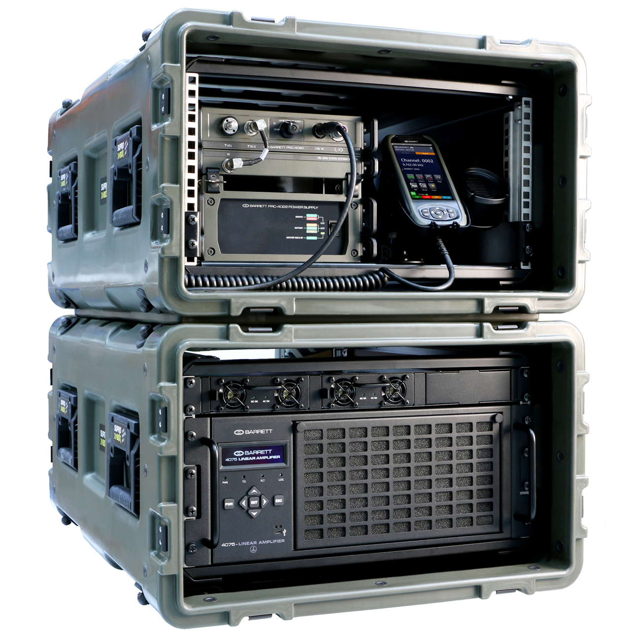 PRC-4075 transmitter with PRC-4075 linear amplifier, PRC-4090 transceiver, control handset and PRC-4022 power supply