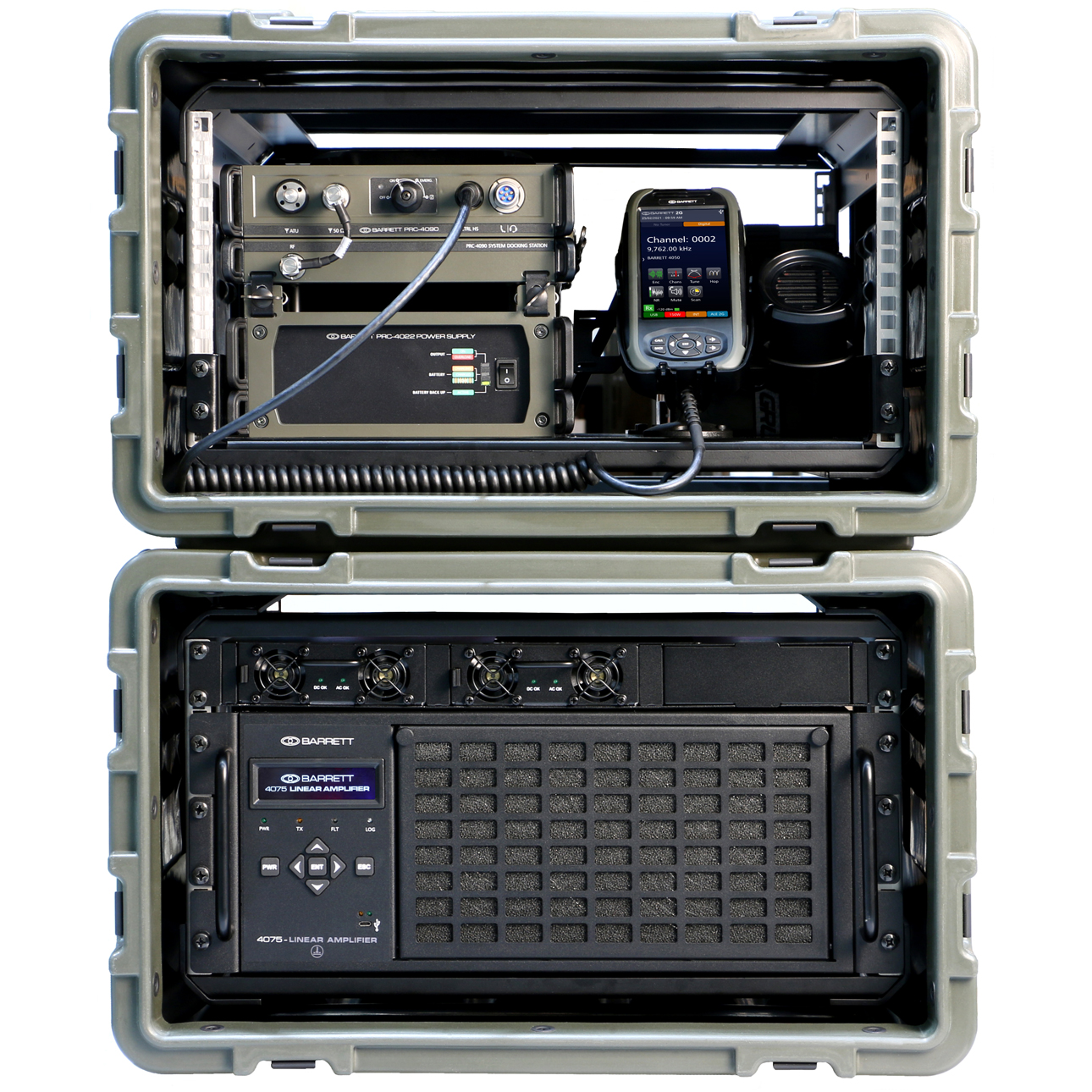 PRC-4075 transmitter with PRC-4075 linear amplifier, PRC-4090 transceiver, control handset and PRC-4022 power supply