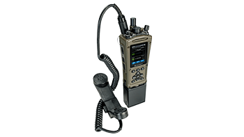 Elevated view of Barrett PRC-4080 military radio with attached handset