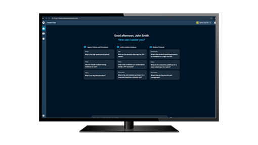 A monitor displays the opening screen of Assist Chat standalone. The user is offered the  choice of querying Agency Policies 