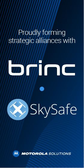 Advertisement announcing strategic alliances with brinc and SkySafe
