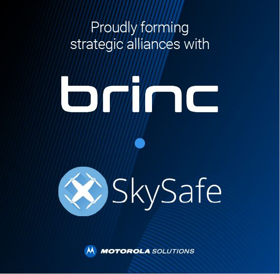 Advertisement announcing strategic alliances with brinc and SkySafe