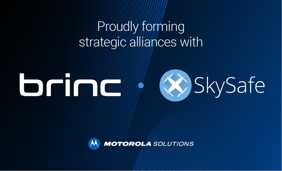 Advertisement announcing strategic alliances with brinc and SkySafe