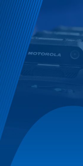 Image of Motorola Solutions product with blue background and partial Motorola batwing