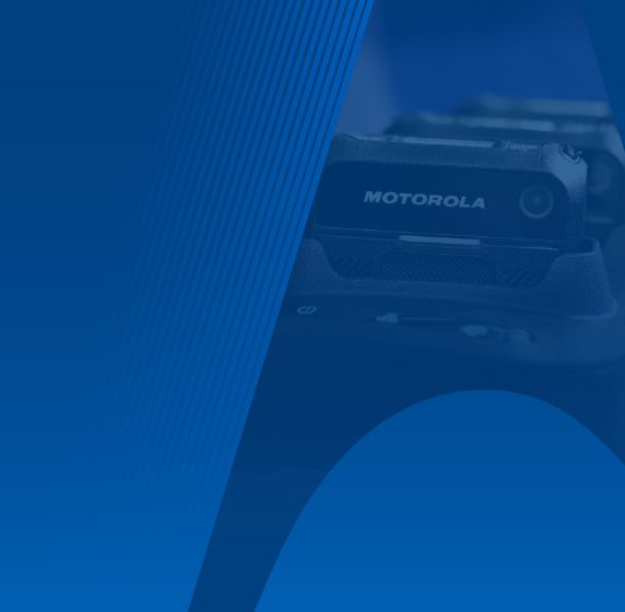Image of Motorola Solutions product with blue background and partial Motorola batwing