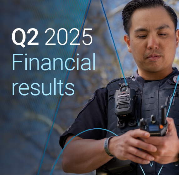 Image of male police officer handling a 2 way radio and advertisement to announce q2 2025 earnings